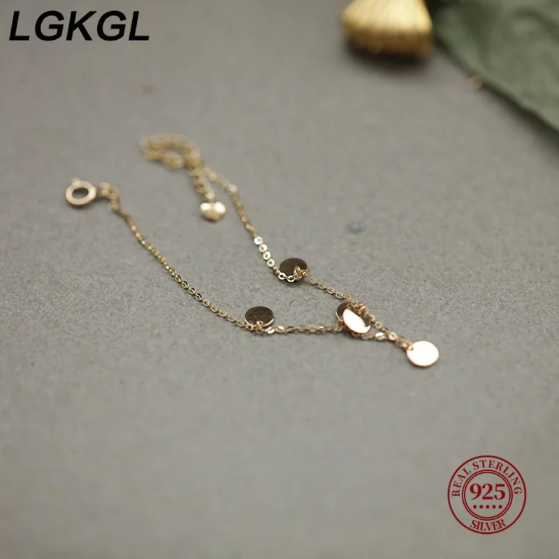 LGKGL S925 Sterling Silver 14k Gold Plated Shiny Disc Bracelet for Women Korean Fashion Simple Temperament Jewelry