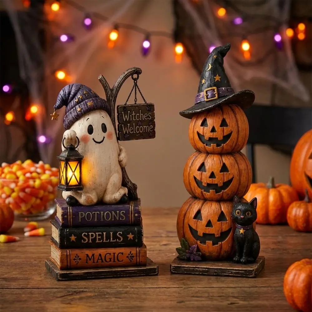 2D Flat Halloween Pumpkin Ghost Figurine Vintage Witch Hat Halloween Wooden Sign Spooky Fall Craft Stacked Pumpkin Cart Ornament
