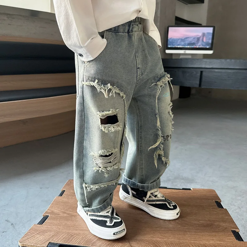 Spring Kids Boys Jeans Patchwork Children Ripped Hole Pants Casual Mid Waist Fashion Teenagers Trousers 2-10Yrs Boy Denim Jeans