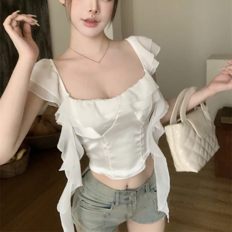 Square Neck Straight Shoulder Crop Top For Women Streamers Short-Sleeved Shirt Top With Chest Pads Slim Fit Sexy Satin Patchwork