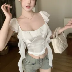 Square Neck Straight Shoulder Crop Top For Women Streamers Short-Sleeved Shirt Top With Chest Pads Slim Fit Sexy Satin Patchwork