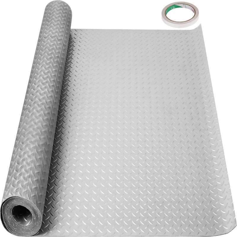 Tapis de sol de garage 4,9x13 pieds en vinyle, rouleau de revêtement de sol antidérapant à texture diamantée argentée, tapis de garage pour sous la voiture, couverture de 63,7 pieds carrés, tapis de sol de garage en PVC DIY pour gymnases, bateaux, remorques de voiture