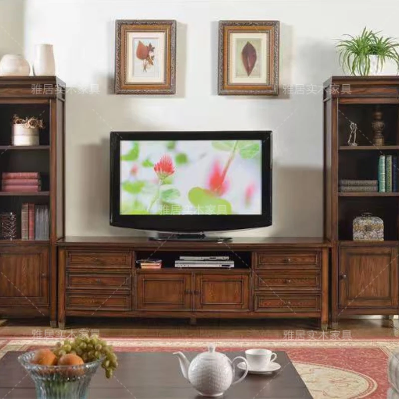 Kabinet TV Antik Kayu Solid Amerika Lemari Penyimpanan Tahan Air Multifungsi Rumah Kayu Abu Furnitur Ruang Keluarga Escabroso