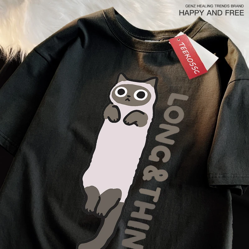 Spaß schlanke graue Katze drucken japanischen Stil Kleidung Mann lässig lose T-Shirts O-Ausschnitt Sommer T-Shirts Einfachheit Baumwolle Kurzarm