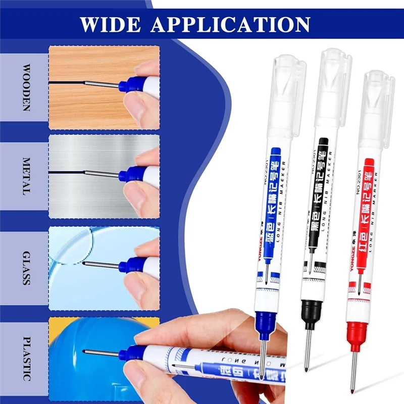 A89X 6 Pcs Multi-Purpose Deep Hole Marker Pens Long Deep Nib Markers 20Mm Long-Head Drill Markers Quick Dry Carpenter Pens