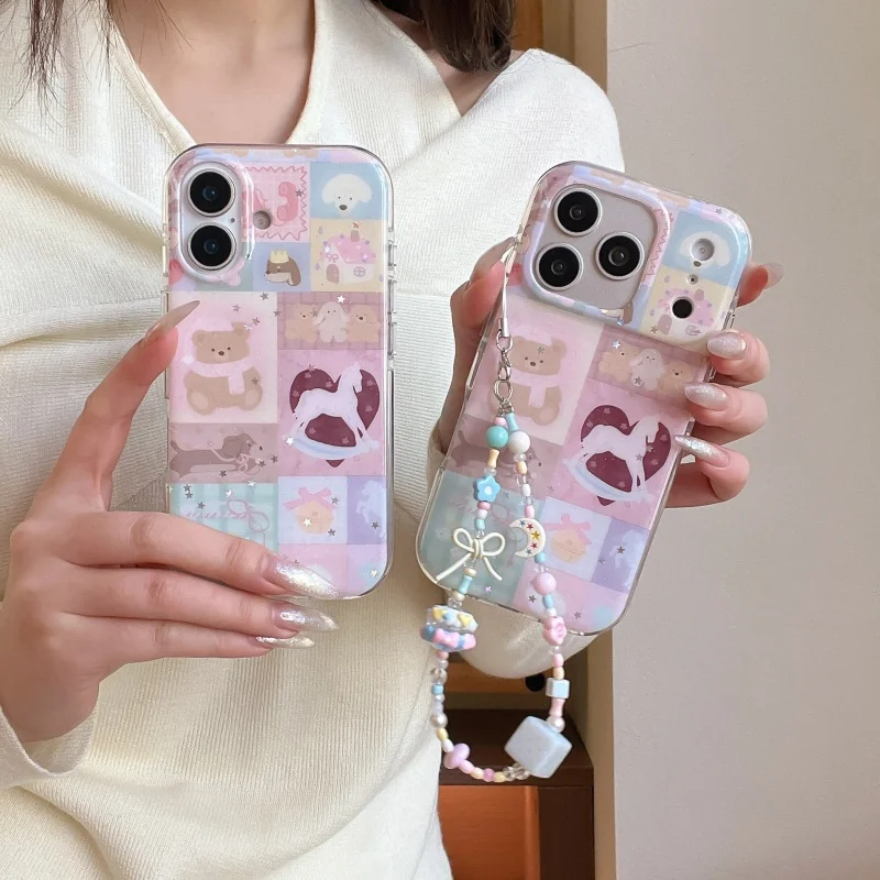 

Korean Cute Bear Plaid Pattern Phone Cover For iPhone 17 Pro 14 15 16 Pro Max Cover with Chain Strap Shockproof Cartoon Cases Ca