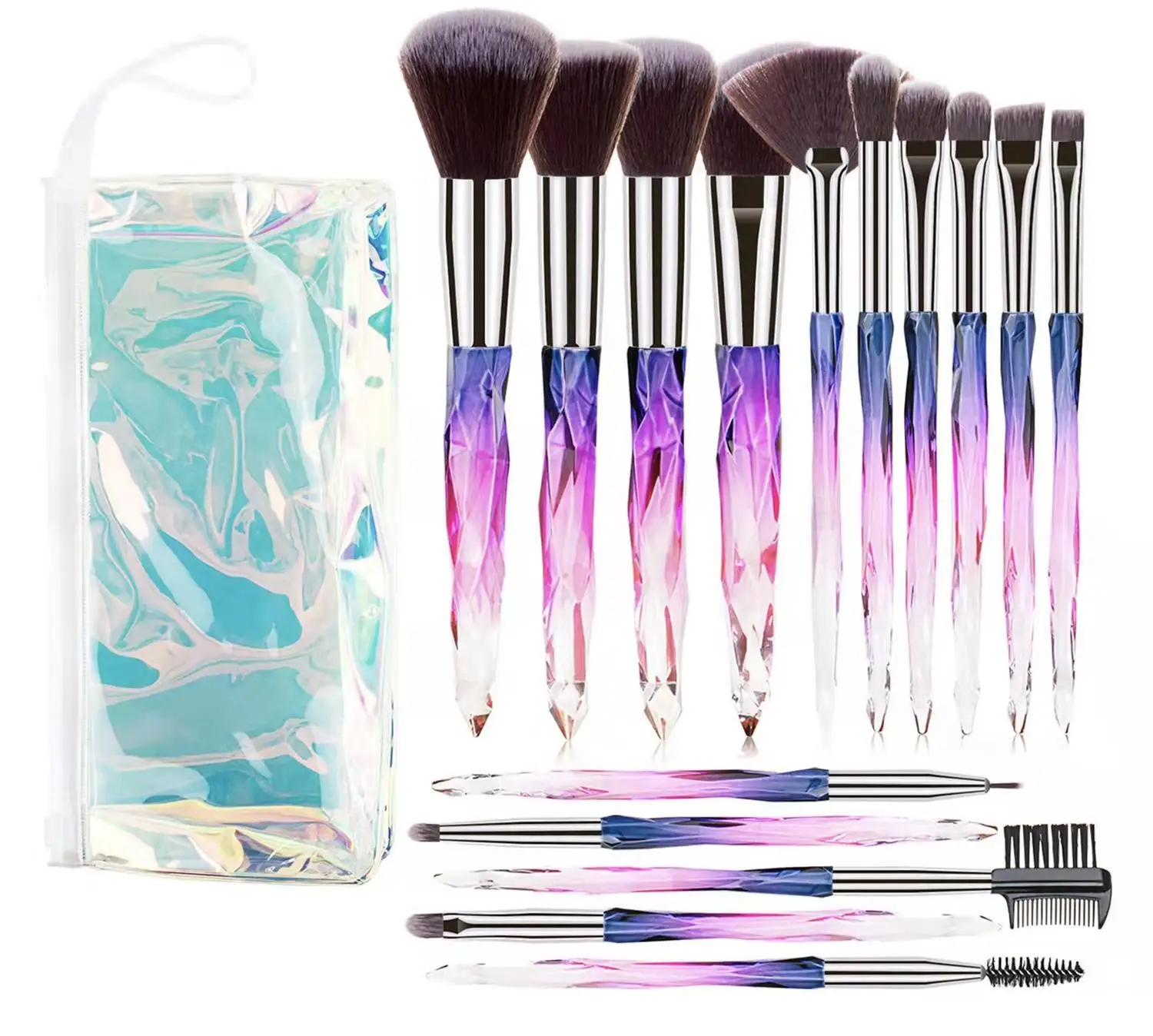 Conjunto de pincéis de maquiagem com cabo de cristal de 15 peças, kit de pincéis profissionais com design transparente para cosméticos faciais completos