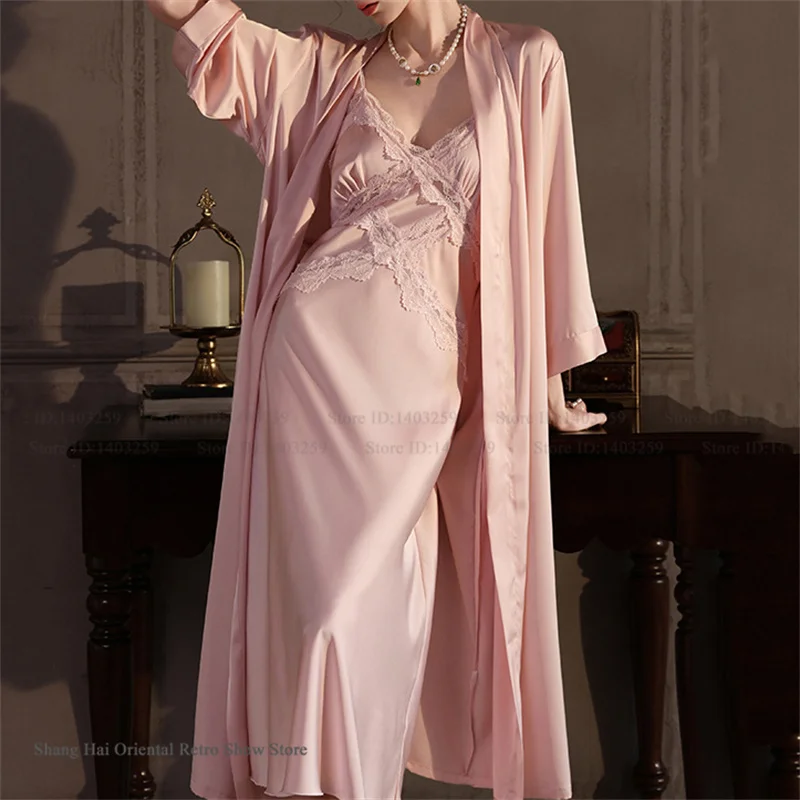 

Летний новый комплект для сна из ледяного шелка: женская ночная сорочка и халат, сексуальная кружевная ночная рубашка на бретельках, свободный длинный халат-пижама