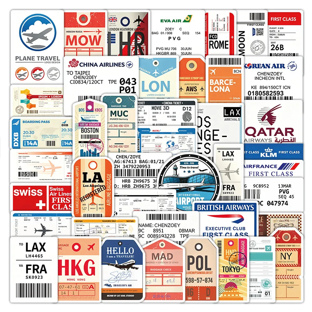 50Pcs Boarding Pass Pattern Decorative Stickers Waterproof Vintage Travel Ticket Decals for Notebook DIY Papery Pop Store