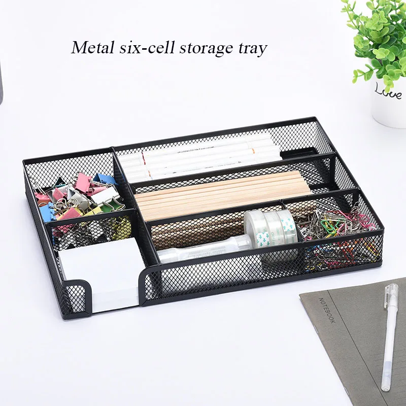 Metal Mesh 6 Grids Storage Tray Multi-functional Multi-cell Firm And Durable Office Desktop File Storage Box