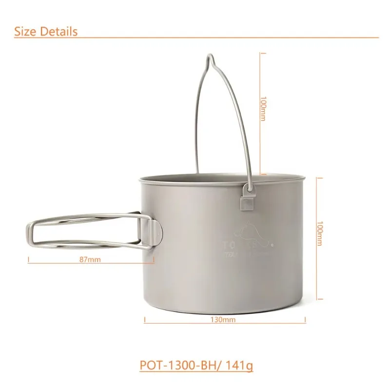 TOAKS Titanium 1300ml Pot Portable Camping Cookware Outdoor Hanging Pot With Bail Handle Easy to Carry POT-1300-BH