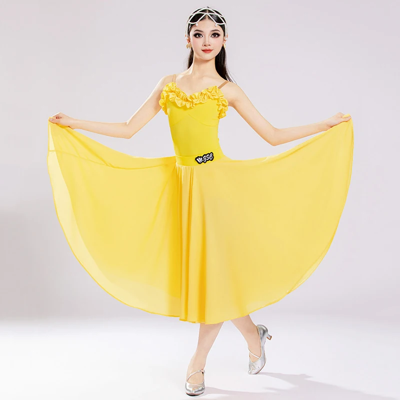 

Girl Ballroom Dance Training Clothes Children Standard Modern Dance Performance Outfit Yellow Sling Bodysuit Practice Skirt 5509