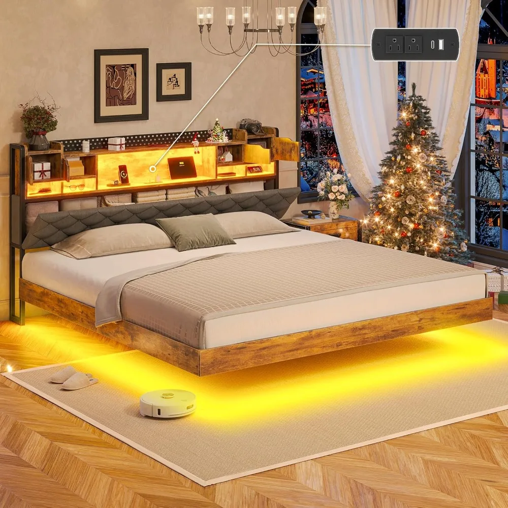 Floating King Bed Frame, LED Bed Frame King Size with Storage Headboard, King Size Platform Bed Frame, Hidden Storage, No Box