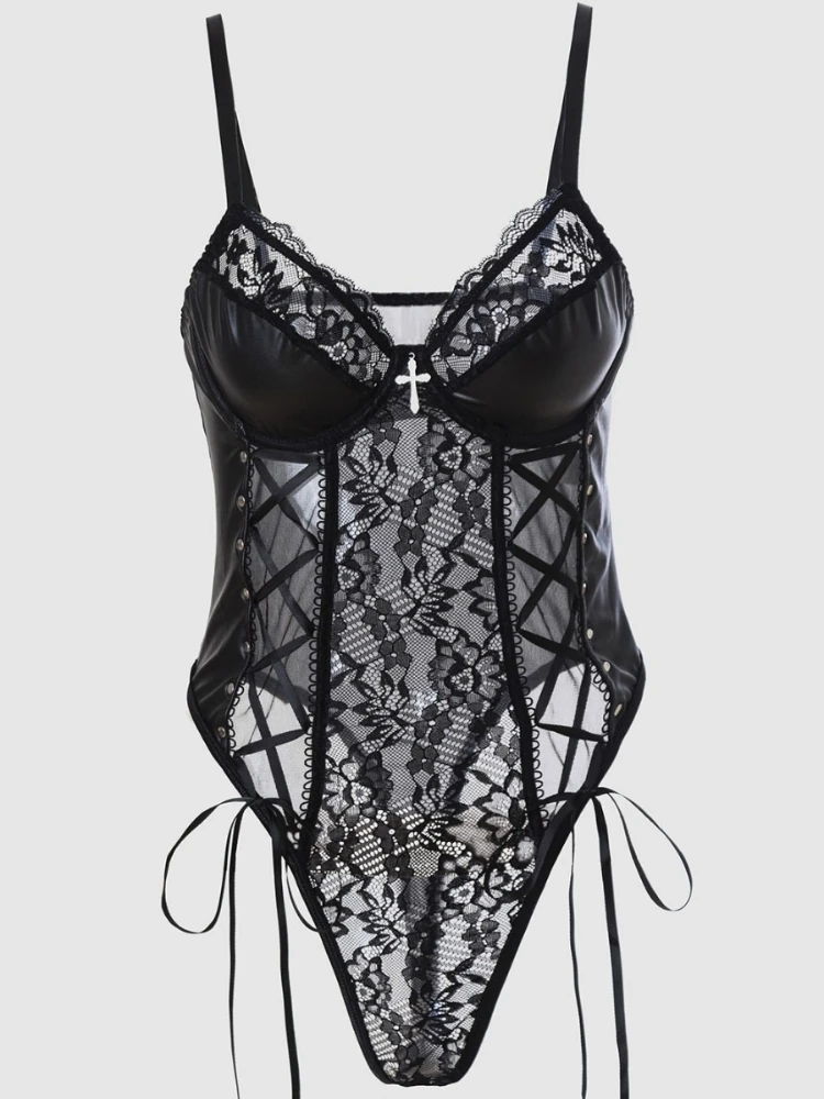 SsTss فو الجلود المرقعة ارتداءها مثير الدانتيل متابعة انظر من خلال الدانتيل الشفاف قطعة واحدة المرأة أنيقة الأسود القوطية الملابس الداخلية