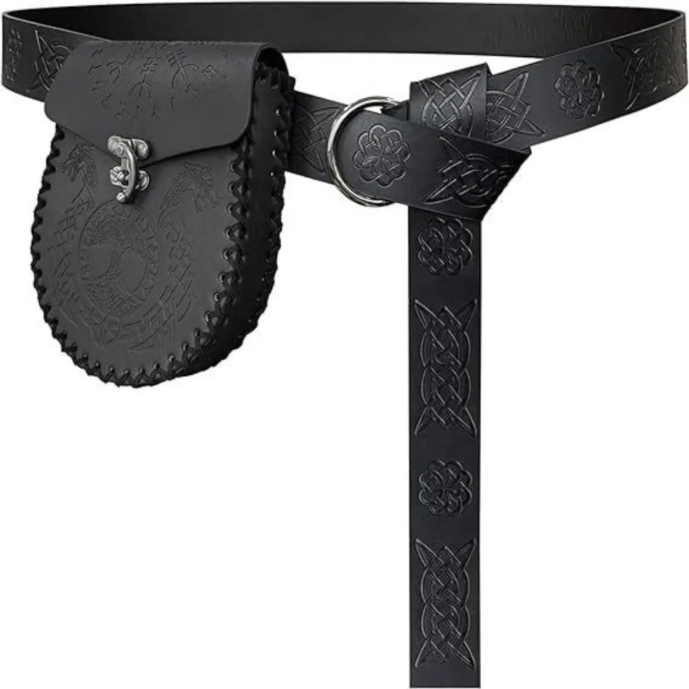 Vintage Embossed Medieval Knight Belt PU Leather Renaissance Waist Bag Belts Viking Waist Pack Set Cosplay Accessories