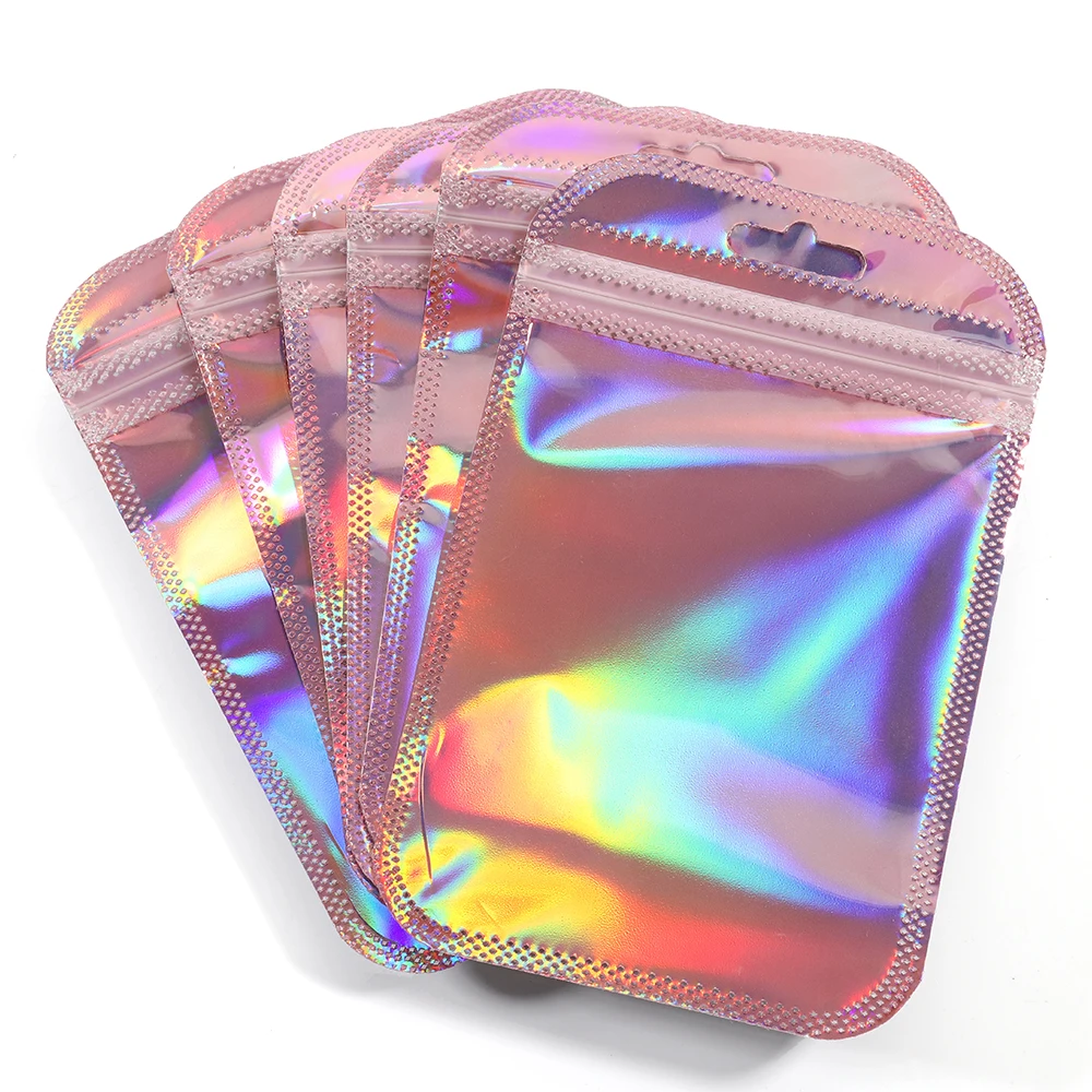 

50pcs Iridescent Self Sealing Bags Pink Laser Plastic Pouches Resealable Zip Lock Packaging for Jewelry Display Retail Bags