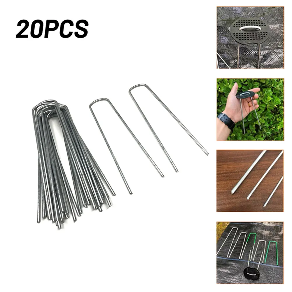 20pcs Galvanised Metal Ground U Tent Pegs Gazebo Camping Tarpaulin Hooks Tarpaulin Fixing Lawn U-Shape Pegs Garden Supplies