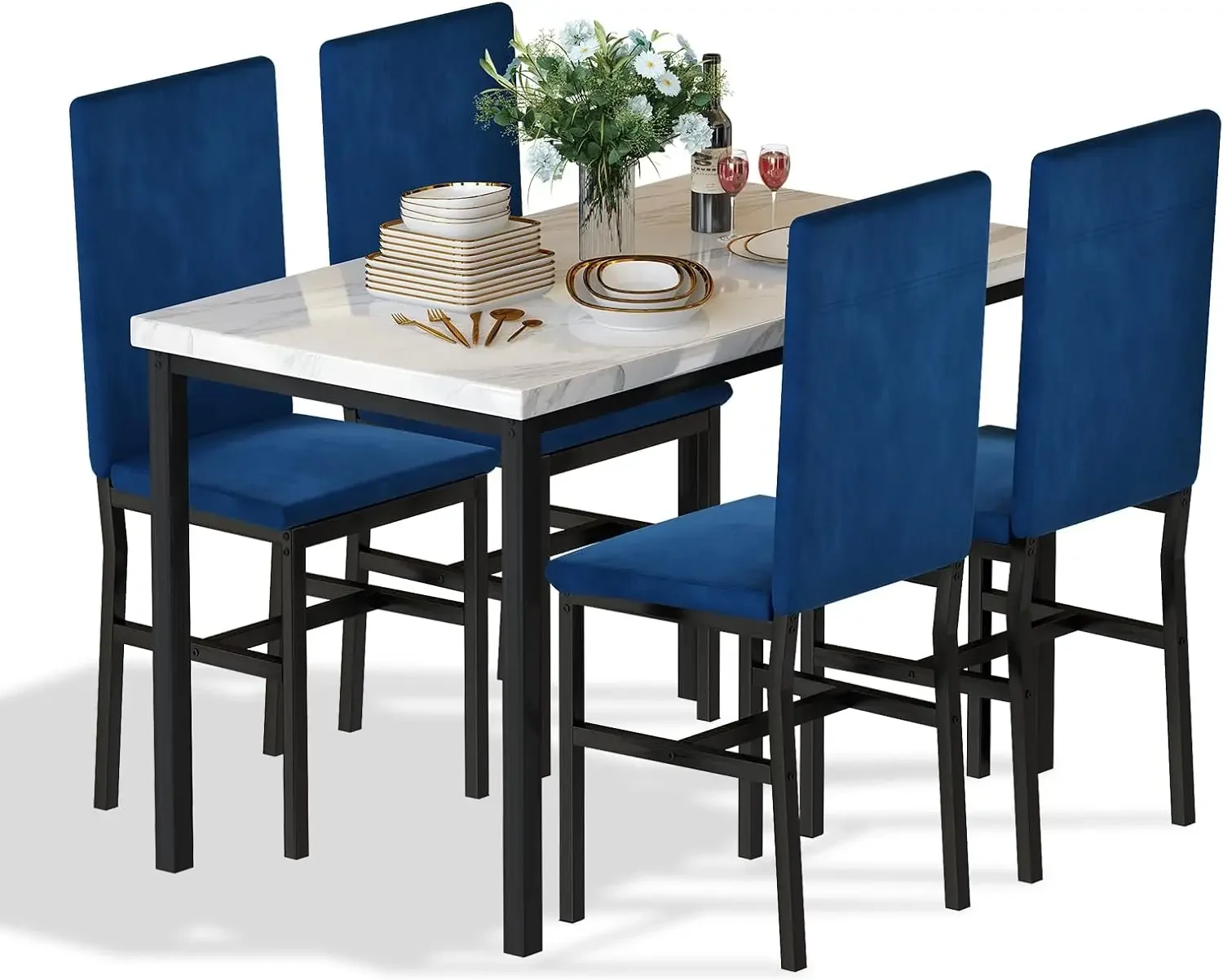 Dining Table Set for 4- Space Saving Kitchen Table and Chairs for 4, Modern Style Faux Marble Tabletop & 4 Blue Velvet Chairs