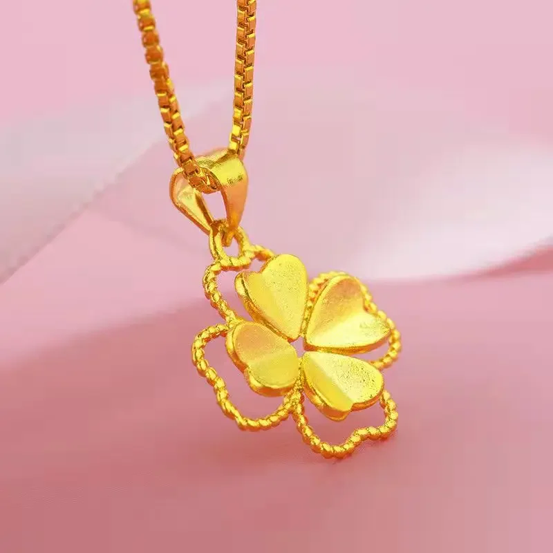 14 K Gold Color Lucky Clover Naszyjnik dla kobiet Drobna biżuteria Oryginalny kolor solidnego złota dla kobiet Luksusowa biżuteria ślubna