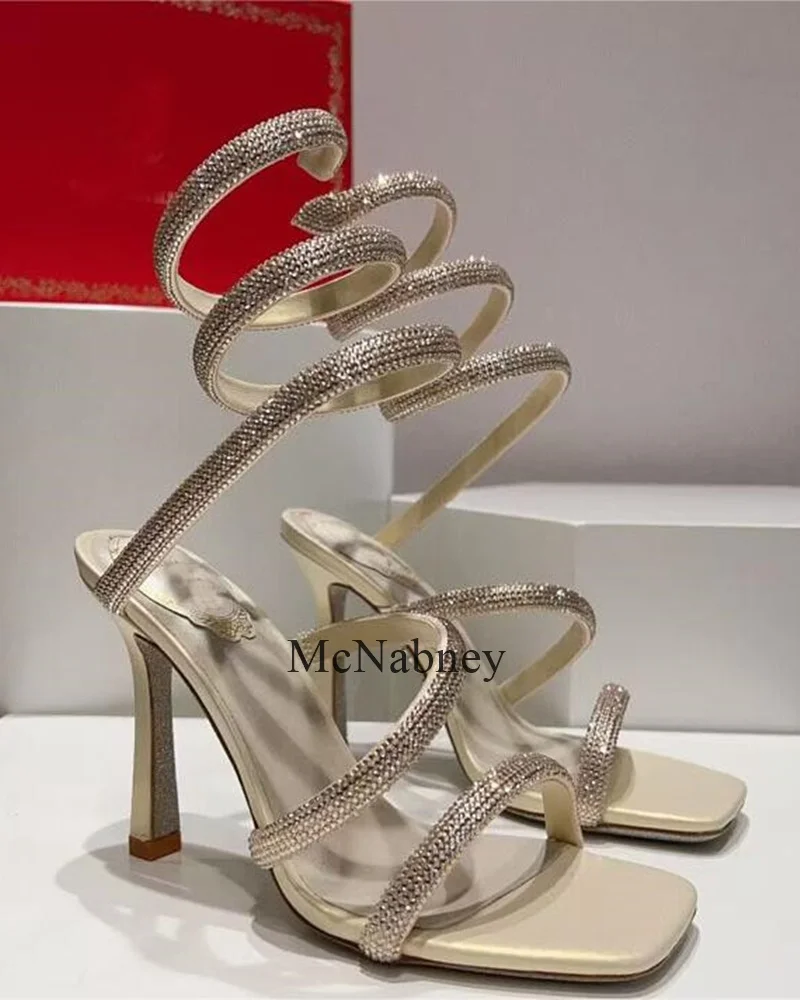 

Classic Style Snake Shaped Winding Square Toe Summer Women Sandals With Rhinestone Stiletto High Heels Large Size Party Shoes