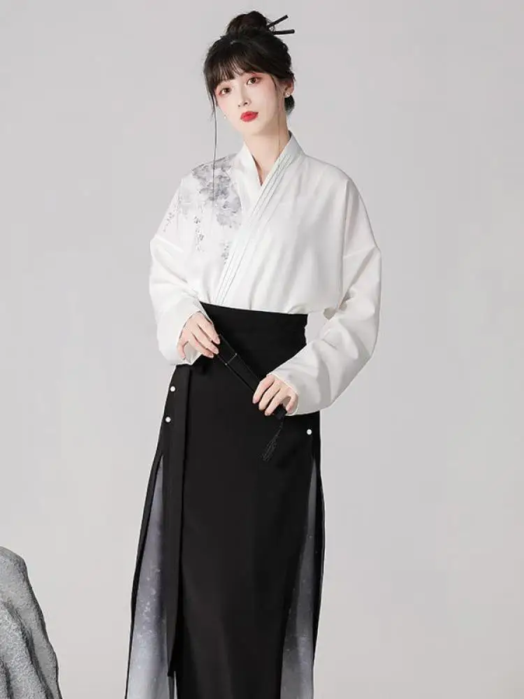 Chinese Style Ink Painting Hanfu Dress Suit Cross Collar Blouse Black Pearl Horse Face Skirt Original And Improved Modern Hanfu