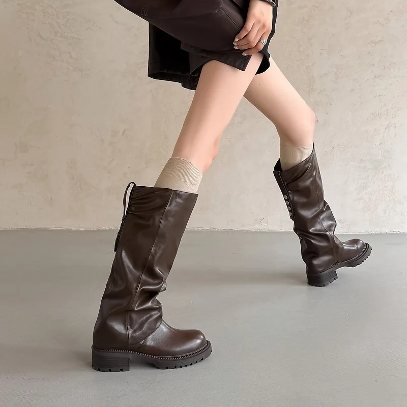 2026 new autumn winter women knee-high boots natural leather 22-26cm cowhide+microfiber+pigskin/plush pleated women long boots