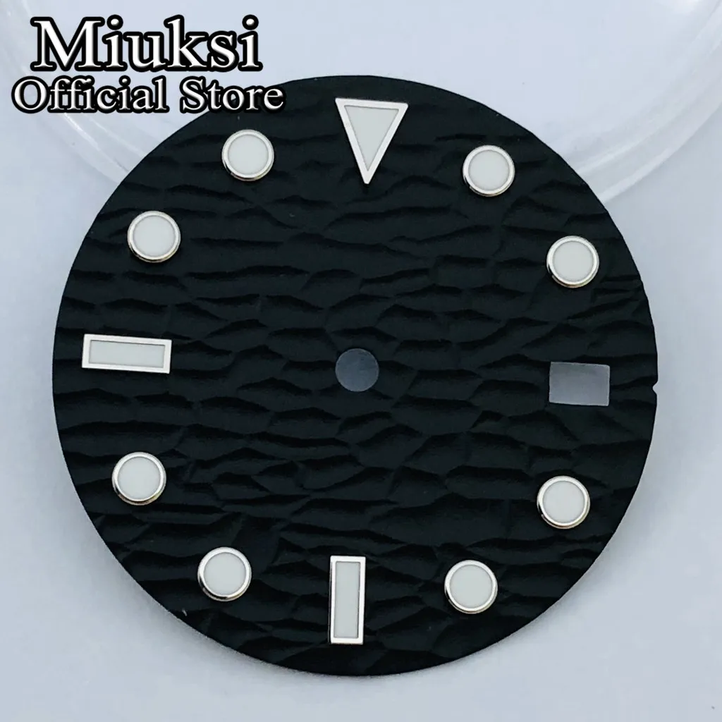 Miuksi 28.5mm black blue white sterile watch dial luminous fit NH34 NH35 movement fit 3/3.8/4.2 o\'clock crown