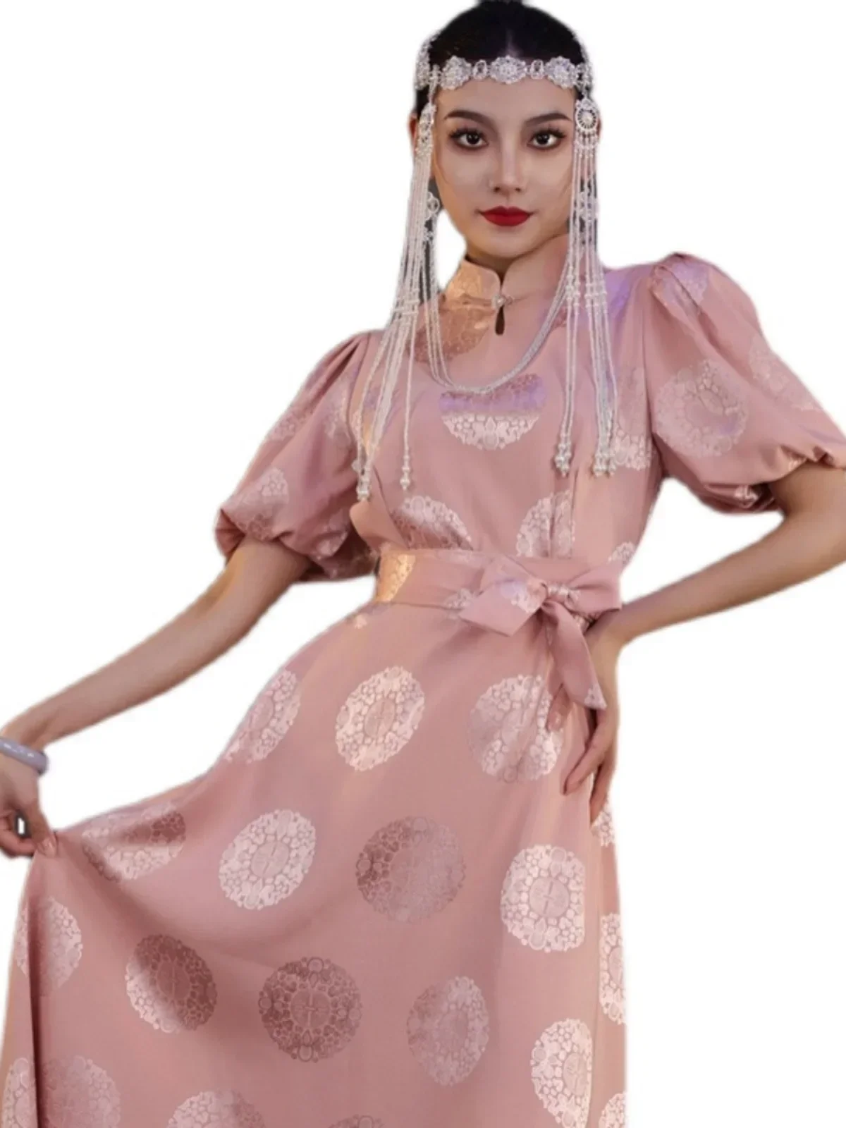 

Ethnic Style Clothing Women's Summer Dress Slim Satin Jacquard Mongolian Element Short-sleeved Robe