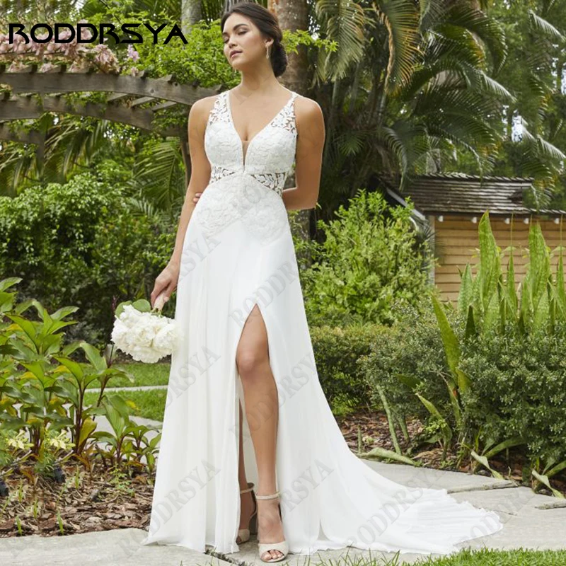 RODDRSYA-Vestido De Novia con abertura alta, Vestido De Novia con cuello en V, Apliques De encaje, gasa, espalda abierta, sin mangas, línea A Encantador tenedor de alta apertura vestido de novia encaje de cuello V Apli