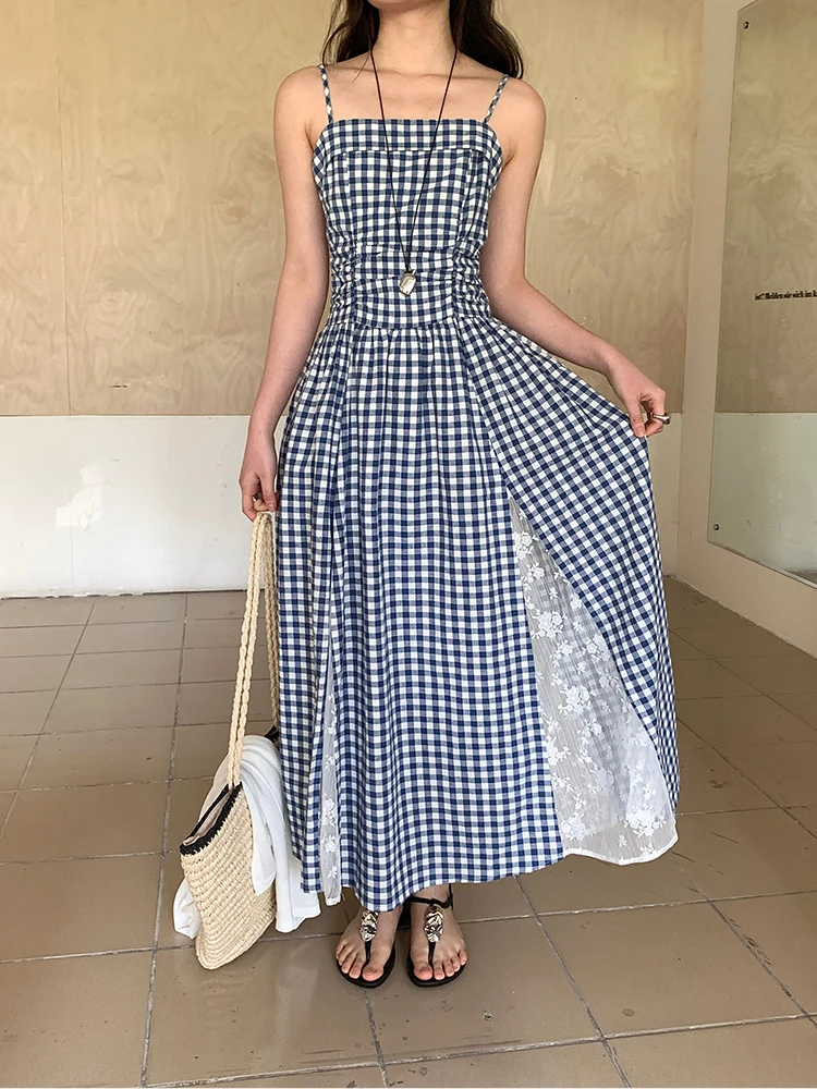 

High Quality Lace Splicing Strap Dresses Spring Women Sleeveless Lattice Big Swing Dress Summer High Waist Loose Camisole Dress