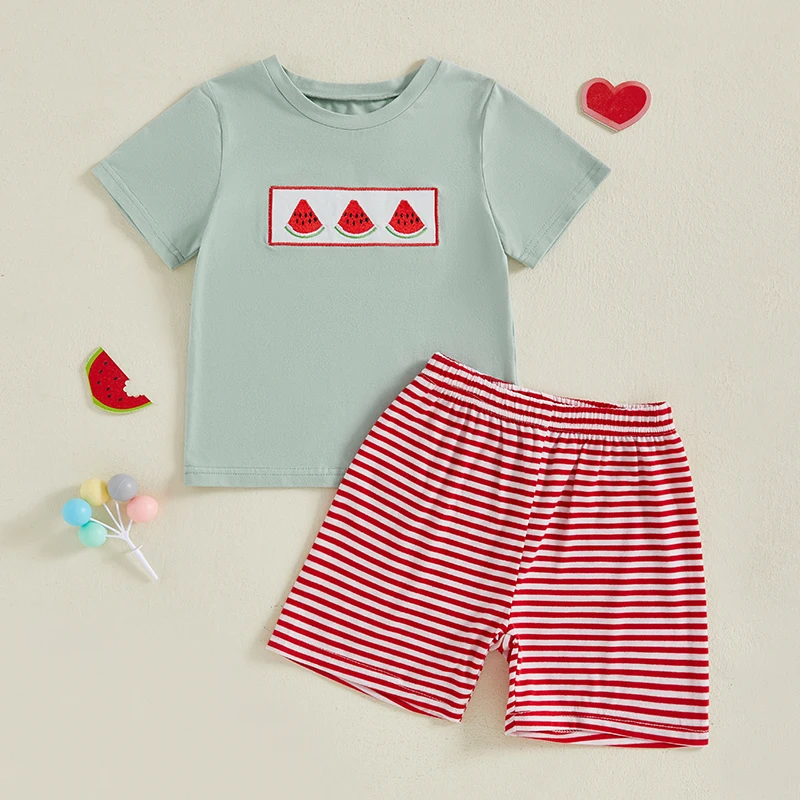 

Kids Boys Summer Outfits Watermelon Embroidery Short Sleeve T-Shirts Elastic Waist Shorts 2Pcs Clothes Set