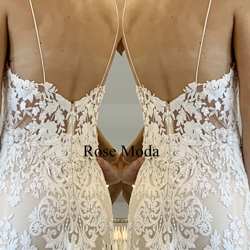 Rose Moda Thin Straps V Neck Ivory and Champagne Lace Wedding Dresses Real Photos