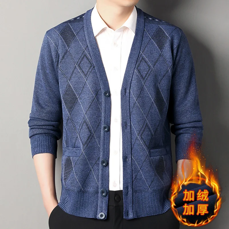 

Осенне-зимний мужской повседневный свитер с v-образным вырезом, универсальный деловой трикотаж на флисовой подкладке, пальто с длинными рукавами