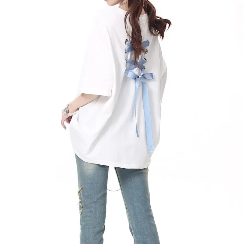 Women Bow Tie Tops&Tees With Pure Cotton Short Sleeved T-shirt For Summer Strap Dopamine Casual Half Sleeved Loose Top Tee New