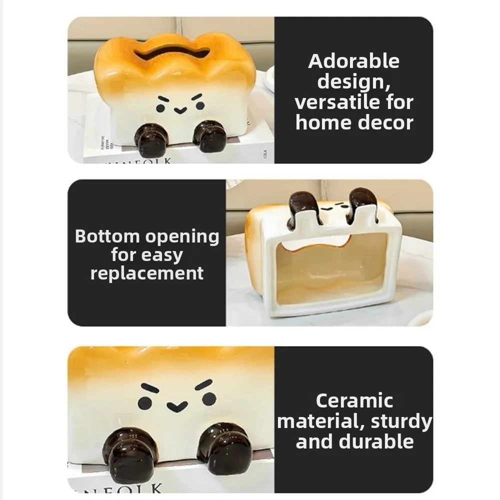 Cute Toast Ceramic Tissue Box Reusable Large Capacity Paper Storage Box Ornament Decorative Dining Table Paper Box