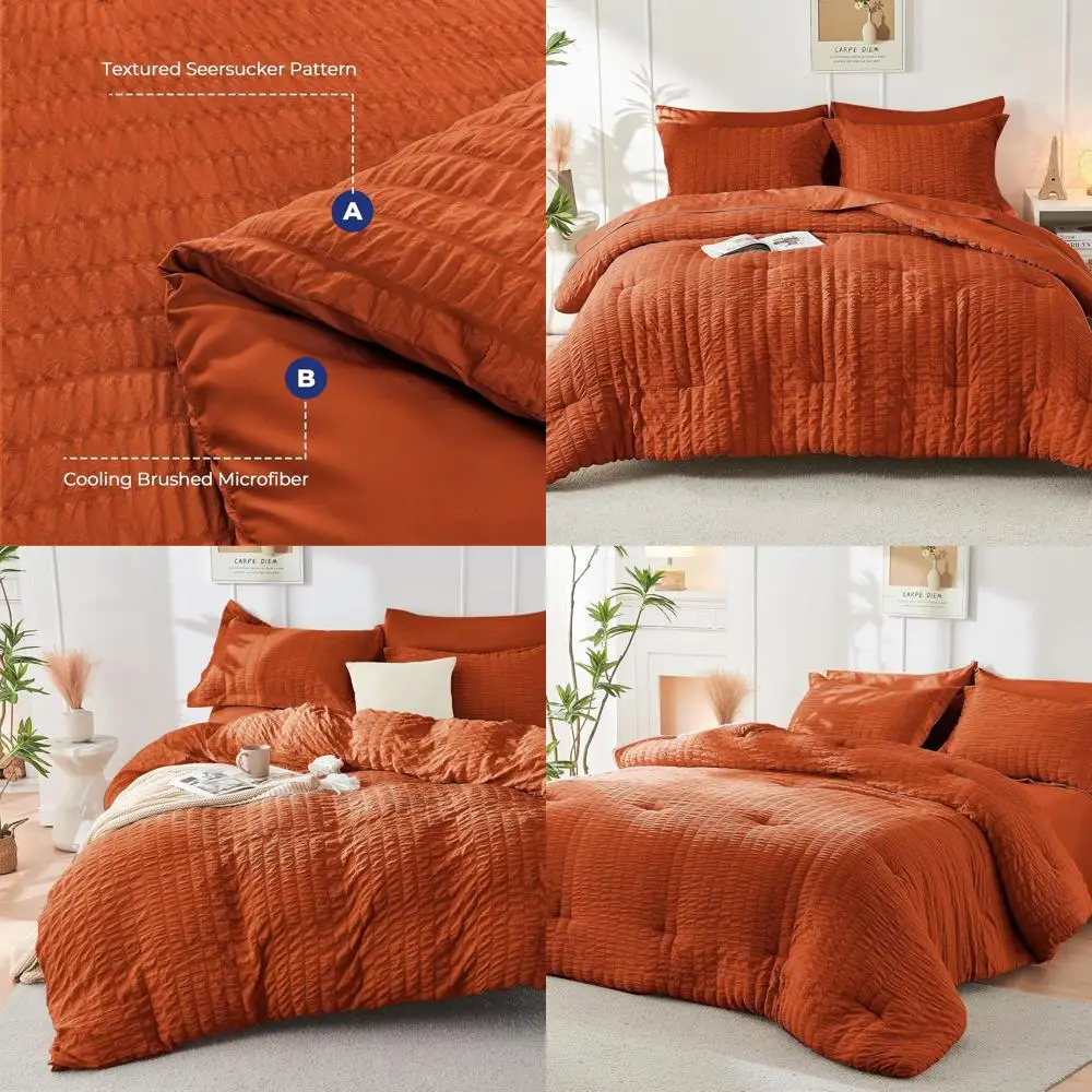 

Orange Queen Comforter Set Seersucker 7-Piece All-Season Luxury Bedding with Sheets, Pillowcases & Shams