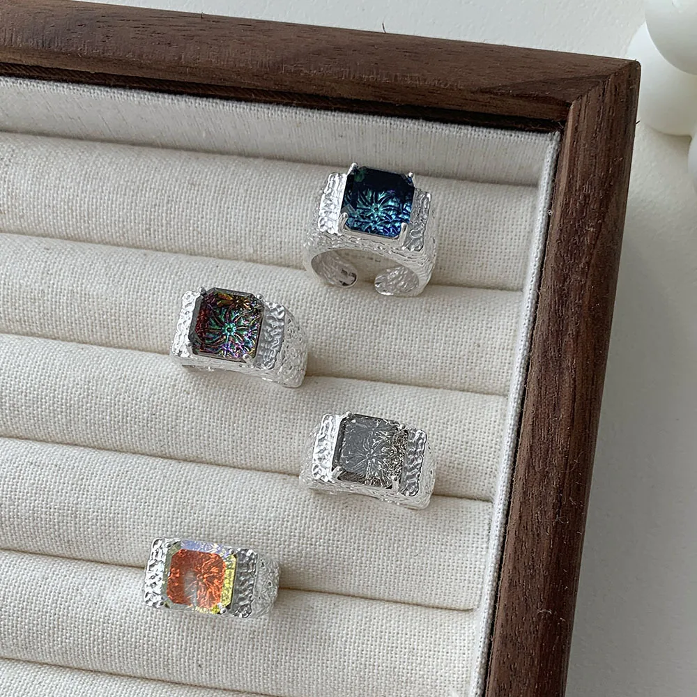 925 Sterling Silver Textured Finish Wide Open Signet Rings Women Square Colored Crystal Trendy Chunky Statement Ring Party Gift