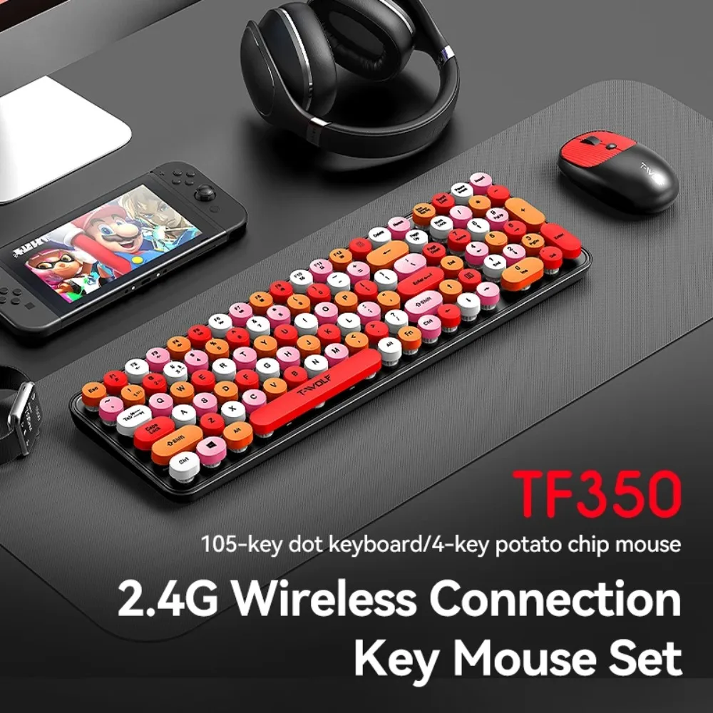 TF350 105 key Punk Round Keycap Wireless Keyboard and Mouse Combo 2.4G Plug and Play Typewriter Office Set for PC Laptop Windows