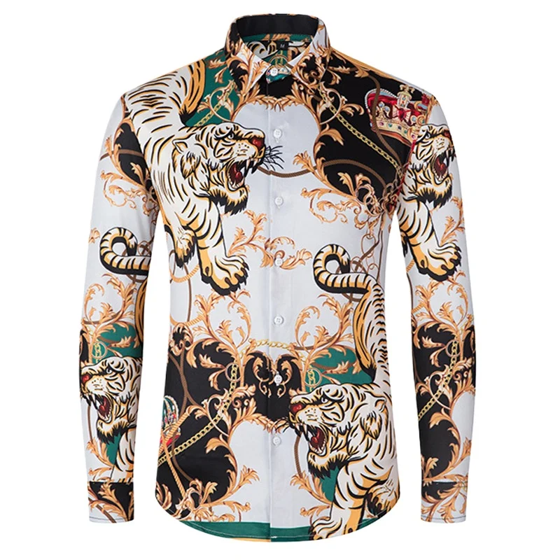 

Винтажная повседневная мужская рубашка с принтом дворца и тигра, тренд 2025, сорочки с длинными рукавами Hommes De Luxe, мужское праздничное платье, уличная одежда