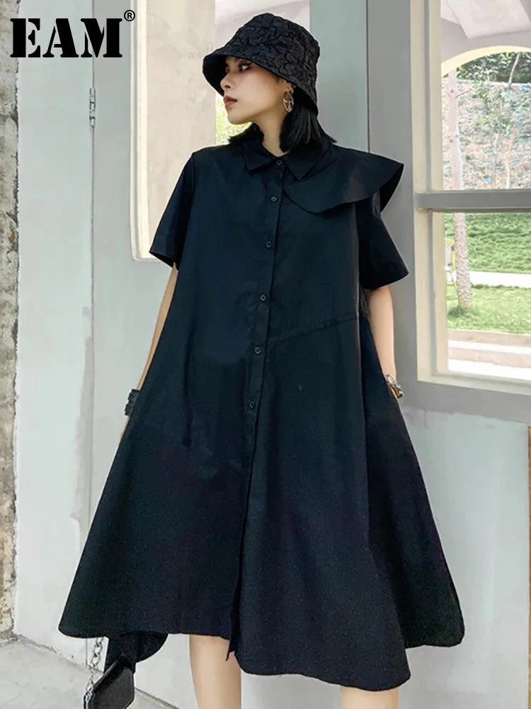 EAM Women Black A-line Ruffles Irregular Knee-length Shirt Dress New Lapel Short Sleeve Fashion Spring Summer 2025 1DH4281