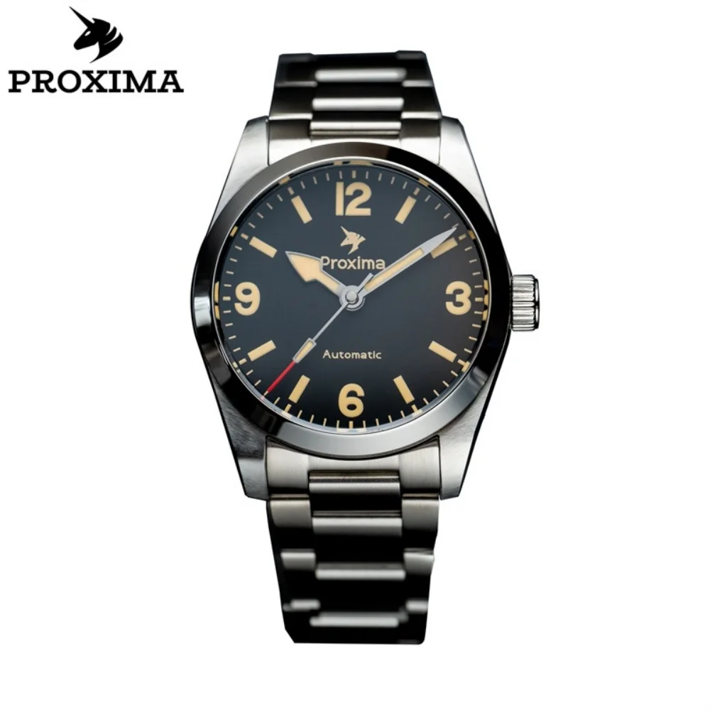 2024 Proxima PX1698 Automatic Men\'s Watch 37mm Vintage Sport Mechanical Wristwatch Sapphire PT5000 SW200 Black Dial 20Bar BGW-9