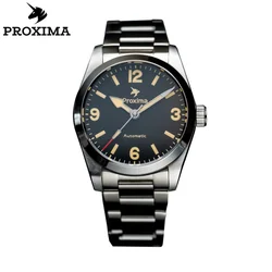 2024 Proxima PX1698 Automatic Men's Watch 37mm Vintage Sport Mechanical Wristwatch Sapphire PT5000 SW200 Black Dial 20Bar BGW-9