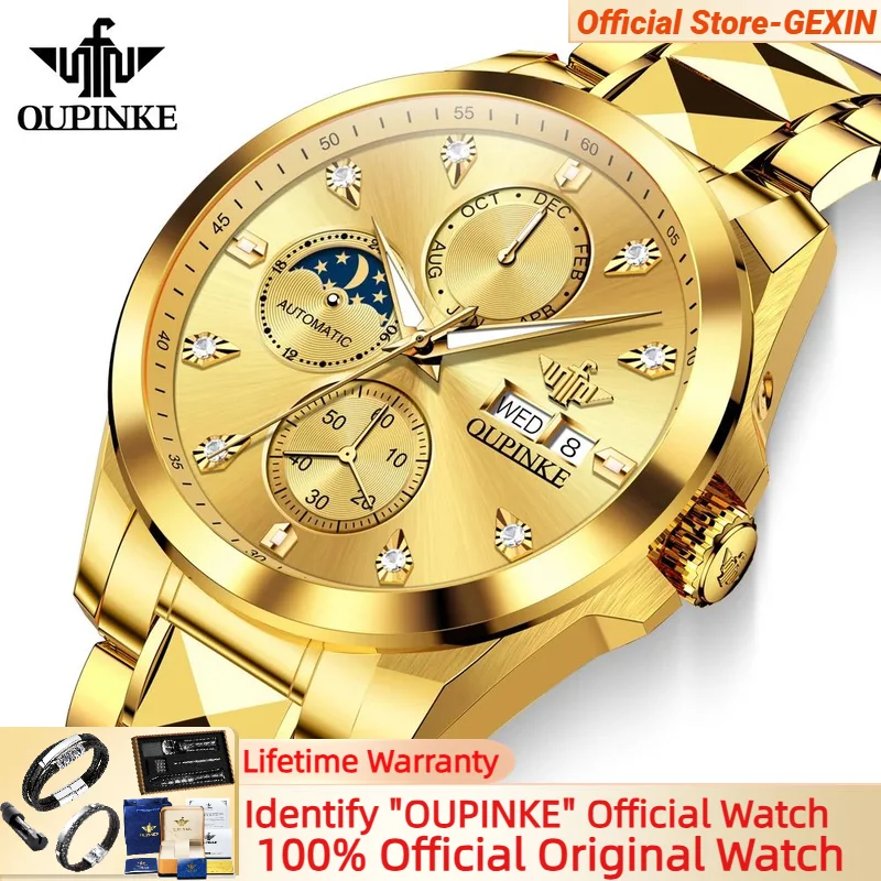 

OUPINKE Automatic Mechanical Watch for Men High Quality Diamond Gold Wristwatch Stainless steel Deep Waterproof Moon Phase Watch