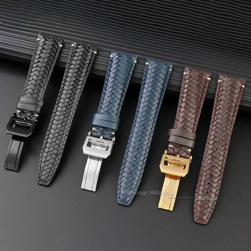 20mm 22mm Curved End Woven Leather Wristband for IWC Pilot Genuine Cowhide Watchband for Omega High Quality Flat End Bracelet