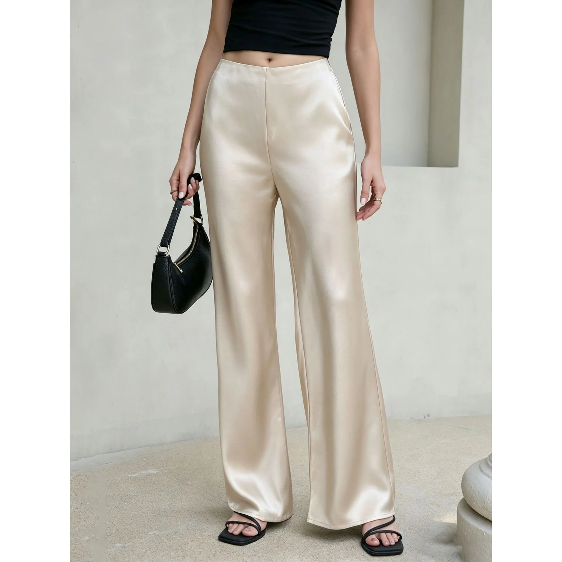 High Waist Silk Satin Wide Leg Pants Straight Cut Women's Premium Quality Trousers Drapey Elegant Fashionable Spring 2026