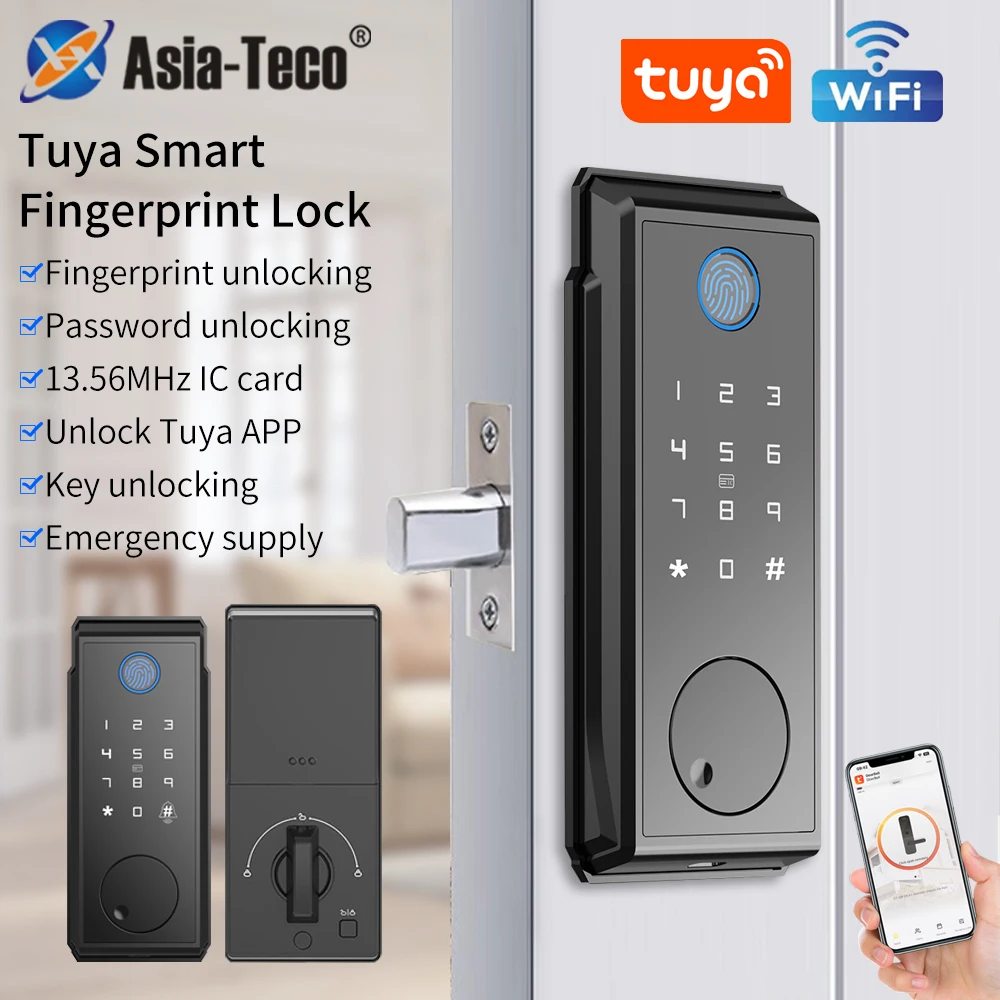 WiFi Smart Door Lock Fingerprint Electronic Deadbolt Keypad Tuya App Mobile Unlock and Monitor Keyless Entry Auto Dead Bolt Lock