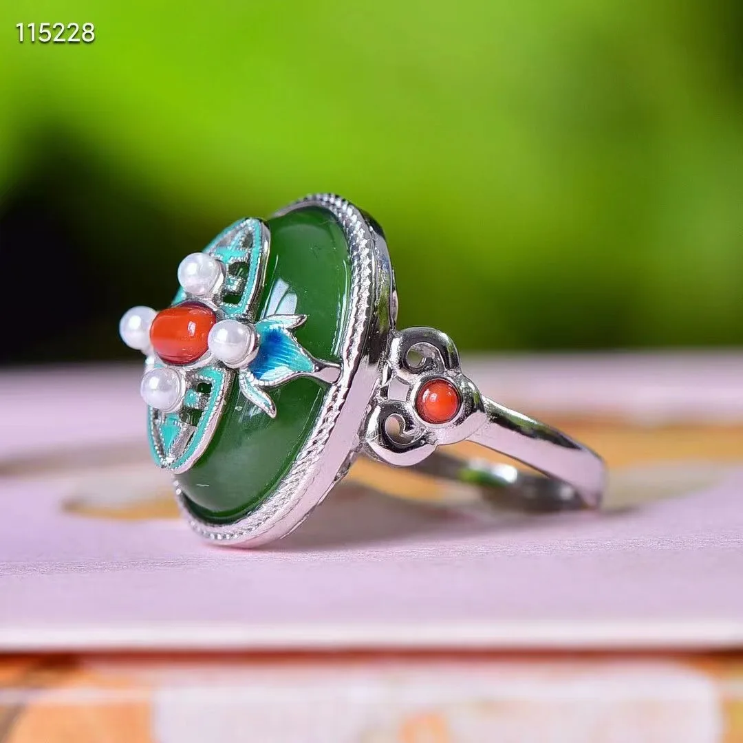 Natural 100% real 925 sterling silver rings inlaid real green hetian jade rings Open Ring jade rings for women engagement gift