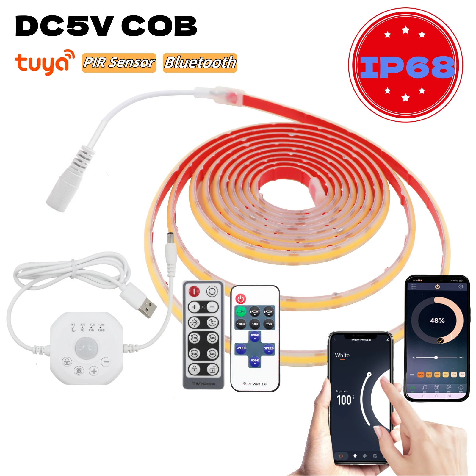 

IP68 Waterproof USB COB LED Strip DC 5V 320Leds/m Tuya Wifi/Bluetooth/PIR Sensor Remote Control Flexible Tape for Home Decor
