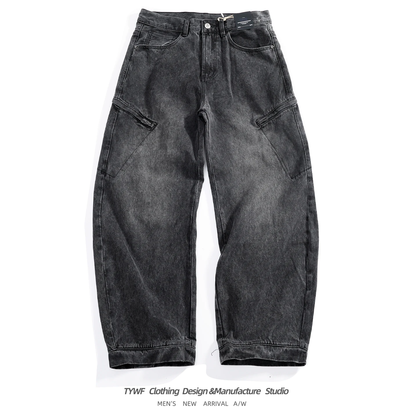 High Street Men's Wide Leg Denim Jeans Lenzing Fabric Black Grey Vintage Washed Pocket Versatile Workwear Long Trousers