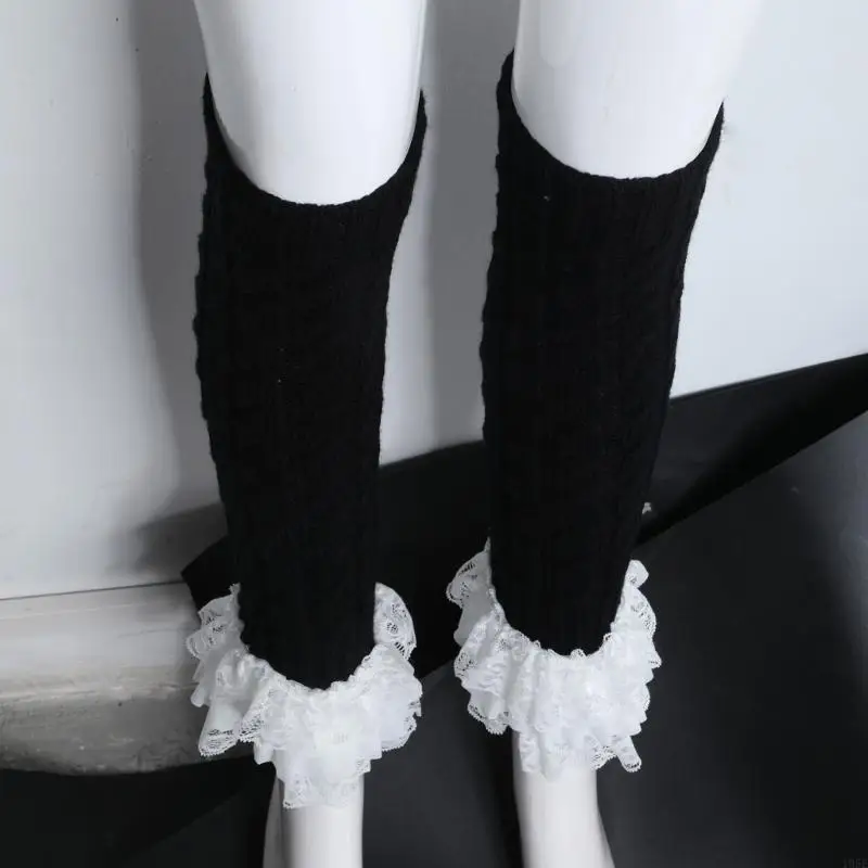 

195E Women Princess Tiered Ruffled Lace Hem Twist Cable Knit Leg Warmer with Bowknot